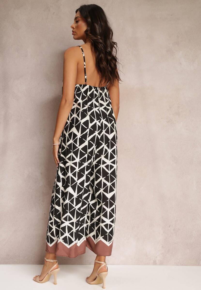 Czarny Wiskozowy Kombinezon w Geometryczne Wzory na Ramiączkach Evera