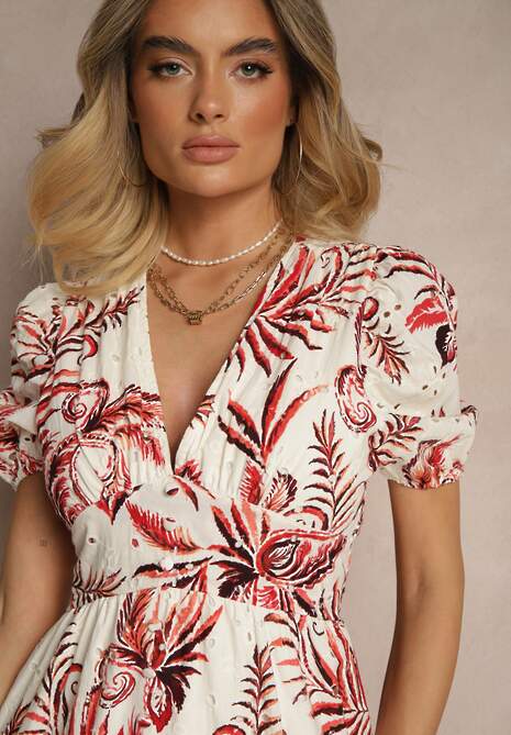 Czerwona Sukienka o Rozkloszowanym Kroju z Dekoltem w Serek w Roślinny Print Evilessa