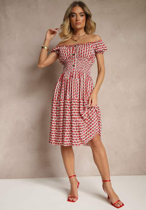 Czerwona Bawełniana Sukienka z Bufiastymi Rękawami i Guzikami Ronimera