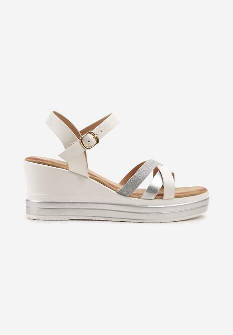 Białe Casualowe Sandały na Ozdobnym Koturnie z Brokatem Effiola