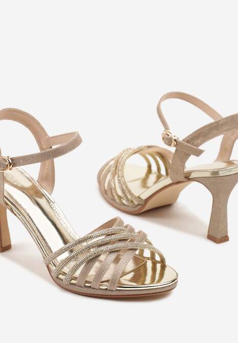 Złote Sandały Vices na Szpilce Ozdobione Brokatem i Cyrkoniami Ulonissela