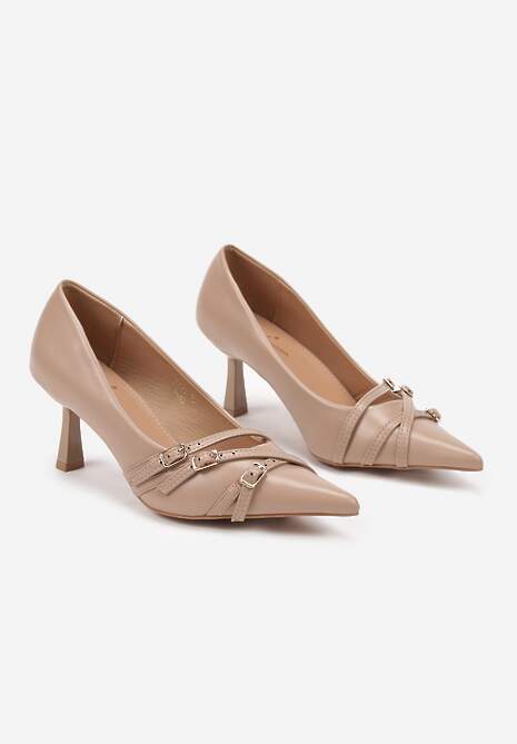 Beżowe Czółenka na Obcasie Stiletto z Ozdobnymi Sprzączkami Arstelora