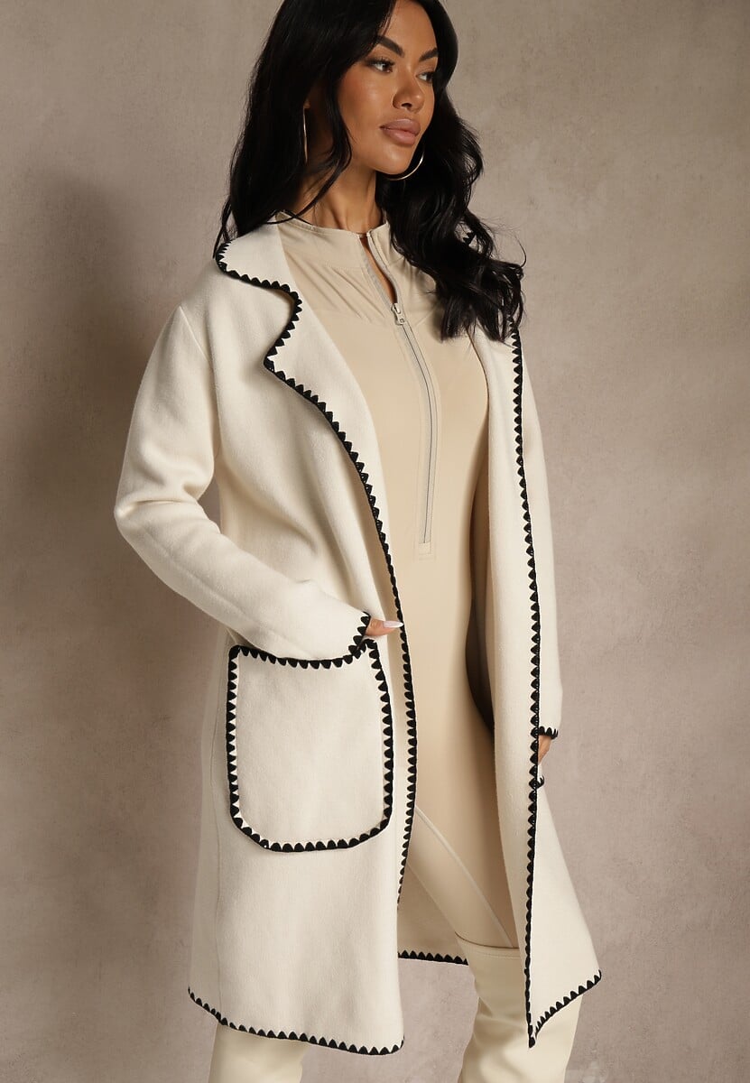 Beżowy Kardigan z Haftowaną Lamówką Tuscele