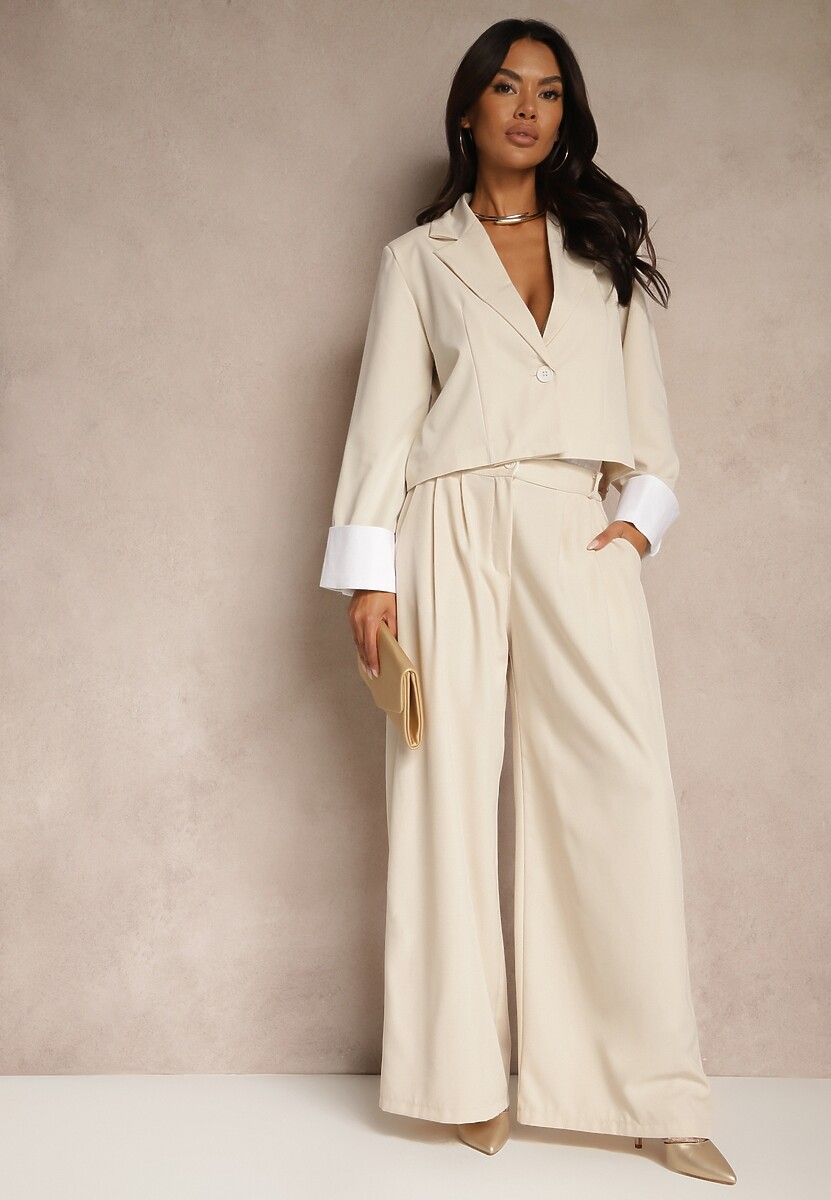 Ciemnobrązowy Garniturowy Komplet Marynarka i Spodnie z Kontrastującymi Zdobieniami Davirielle