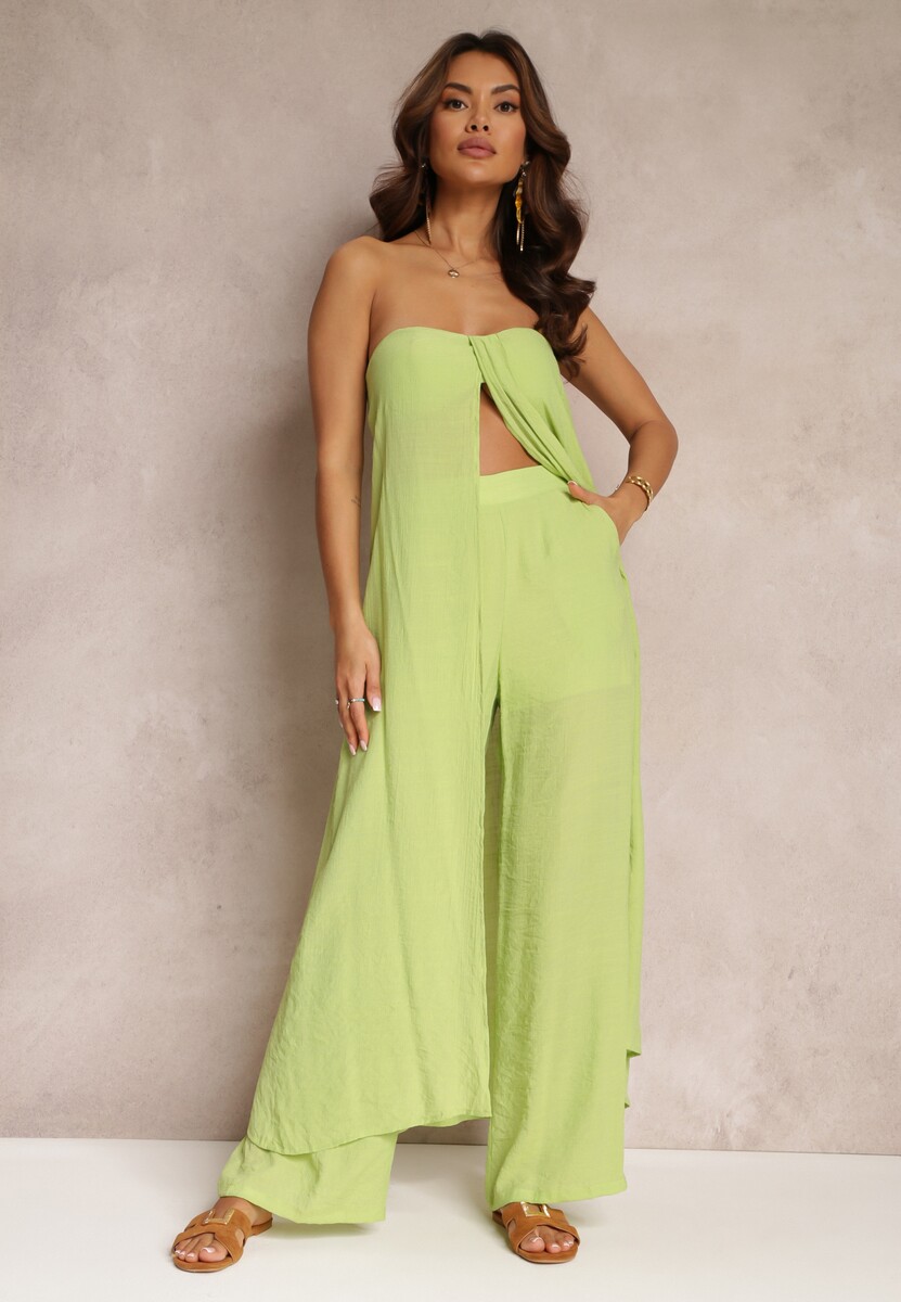 Zielony 2-częściowy Komplet Długi Top i Spodnie z Gumką w Pasie i Szerokimi Nogawkami Bincina