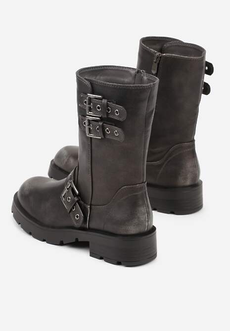 Srebrne Botki Bikery na Płaskiej Podeszwie z Klamrami Erissiana