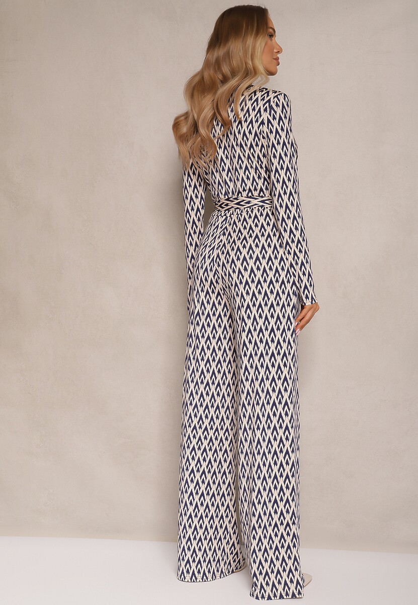 Niebieski Kombinezon z Kopertowym Dekoltem Paskiem i Geometrycznym Printem Sarilen