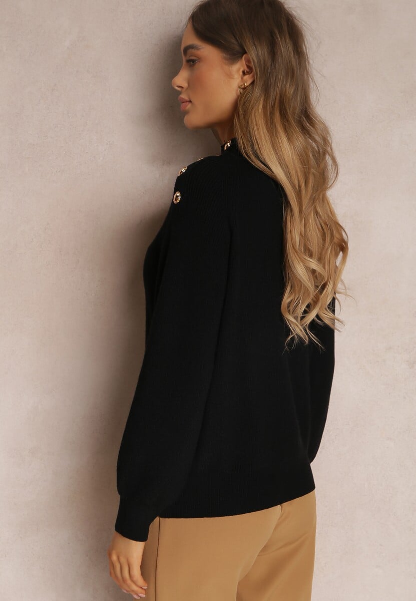 Czarny Sweter Dzianinowy z Długim Rękawem i Guzikami Kithi