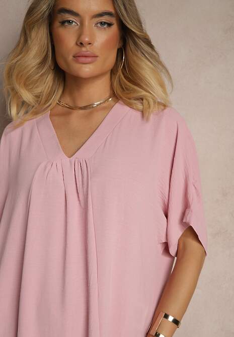 Różowa Pudełkowa Sukienka z Bawełną i Marszczeniem Teleriela