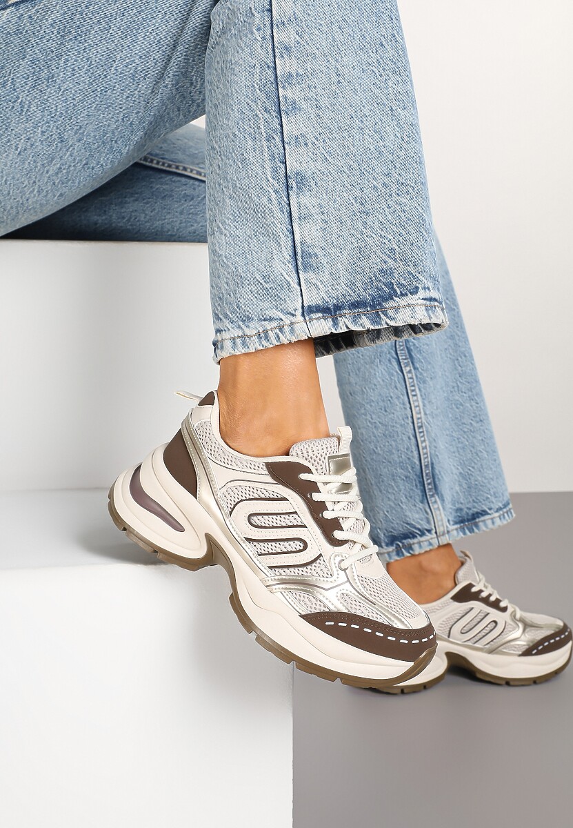 Beżowo-Brązowe Sneakersy na Platformie z Tłoczeniem z Geometrycznym Motywem Delothiel