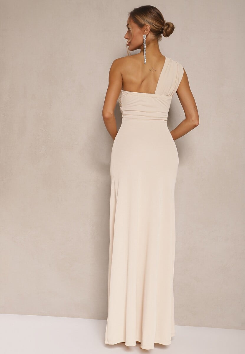 Beżowa Asymetryczna Sukienka Koktajlowa Ozdobiona Metaliczną Aplikacją Divianis