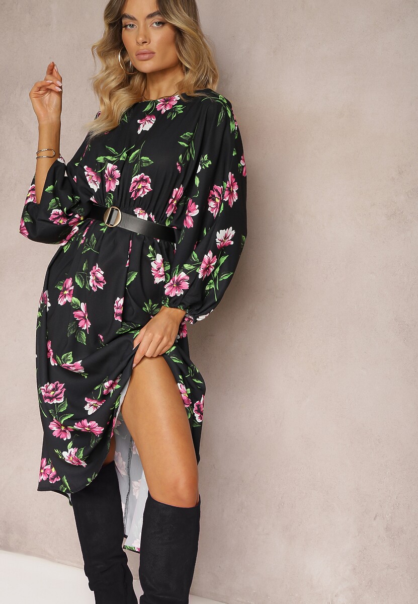 Czarno-Różowa Midi Sukienka w Kwiaty o Rozkloszowanym Kroju z Rękawami Nietoperz Jervia
