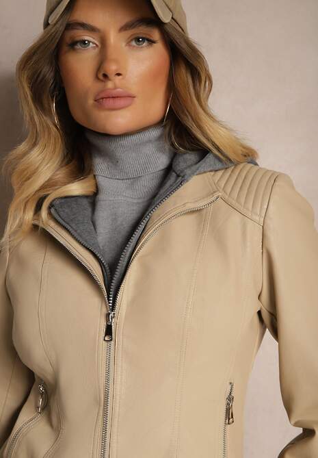 Beżowa Taliowana Kurtka Ramoneska z Tekstylnym Kapturem z Możliwością Odpięcia Ivaletha