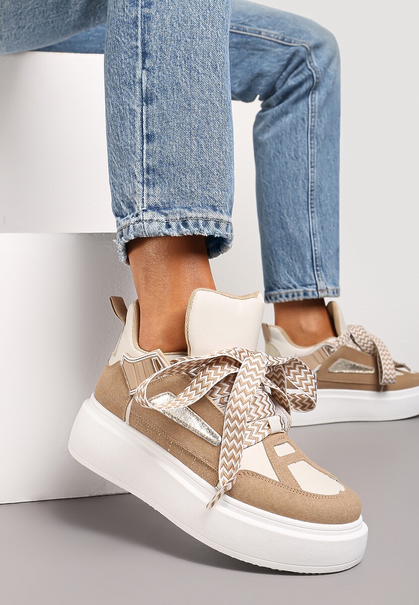 Biało-Złote Sneakersy Na Niskiej Platformie z Szerokimi Sznurówkami we Wzorek Vidira
