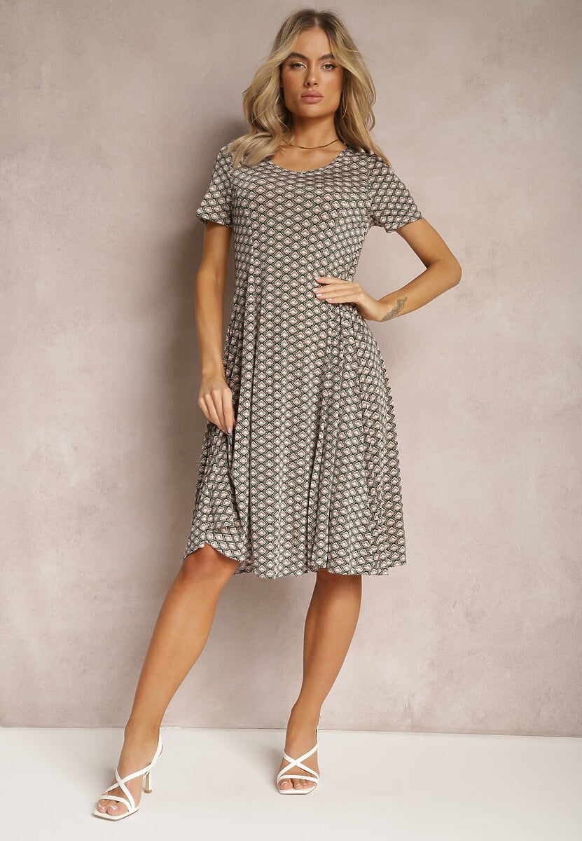 Zielono-Beżowa Wiskozowa Sukienka o Rozkloszowanym Fasonie Ibelia