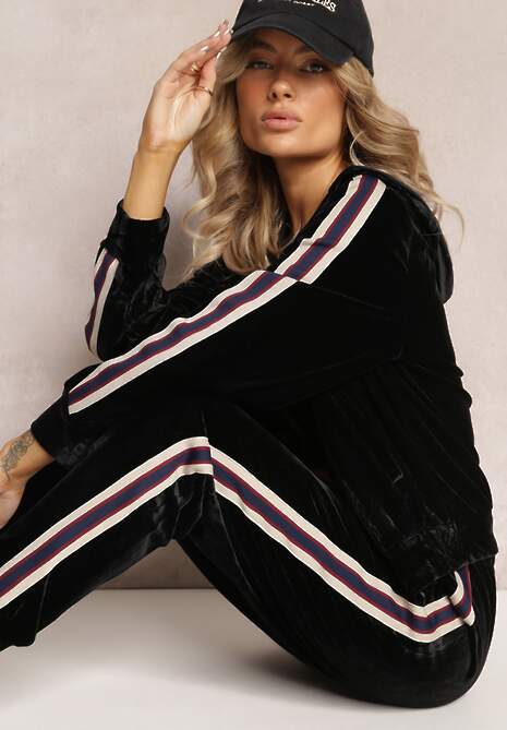 Czarny Welurowy Komplet Dresowy 2-Częściowy Bluza na Suwak i Spodnie na Gumce Ozdobiony Lampasami Yamase