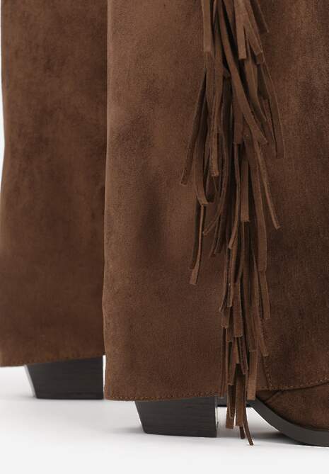 Brązowe Kozaki Kowbojki na Stożku z Cholewką Imitującą Nogawkę z Frędzlami Monettea