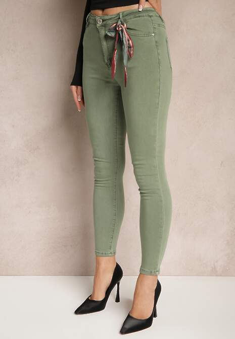 Ciemnozielone Spodnie Skinny z Wysokim Stanem i Ozdobną Chustką Hyadia