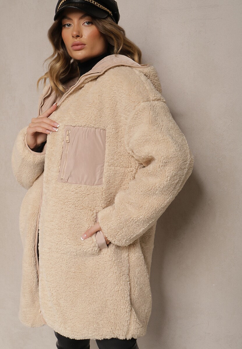 Beżowa Pikowana Kurtka Dwustronna z Futrem i Kapturem Emalira