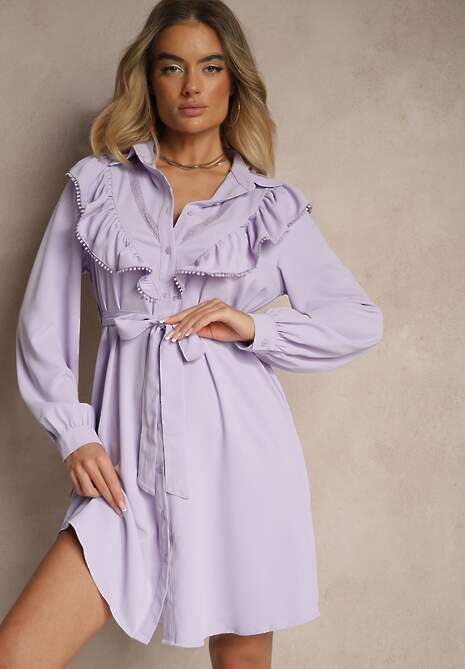 Fioletowa Rozkloszowana Sukienka Koszulowa z Falbankami i Koronką Naik