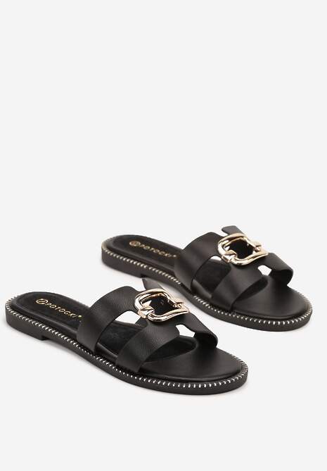 Czarne Klapki ze Skórzaną Wkładką Zdobione Metaliczną Aplikacją Griasa