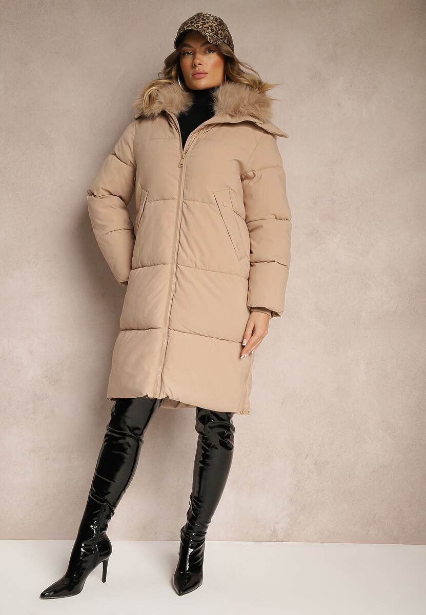 Zielona Kurtka o Długim Kroju z Pikowaniem Odpinanym Futerkiem i Kapturem Vilathra