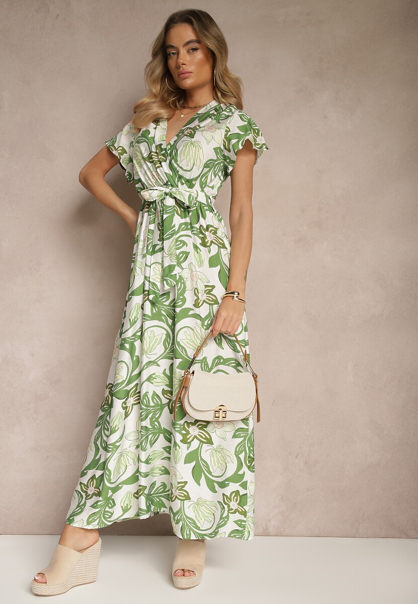 Zielona Wiskozowa Sukienka o Kopertowym Kroju z Wiązaniem w Talii Elaniora