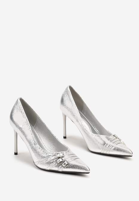 Srebrne Klasyczne Szpilki z Noskiem w Szpic Ozdobionym Klamerkami i Paseczkami Railanne