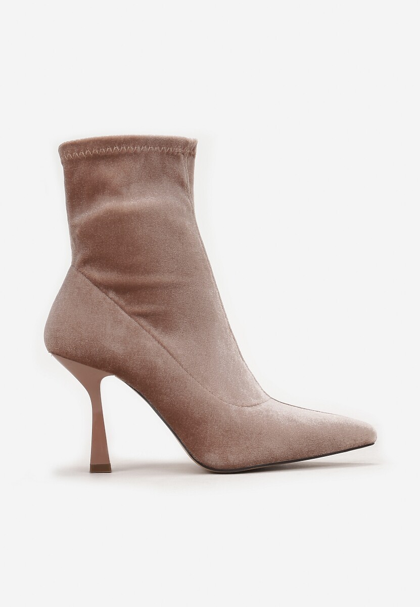 Ciemnobeżowe Botki za Kostkę na Szpilce ze Szpiczastym Noskiem Amorlar