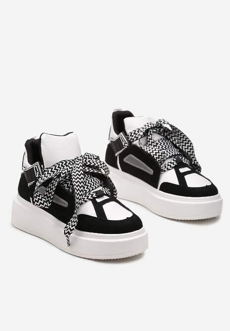 Czarno-Białe Sneakersy Na Niskiej Platformie z Szerokimi Sznurówkami we Wzorek Vidira