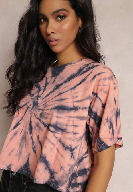 Różowy Krótki T-shirt z Printem Tie-Dye Lanay