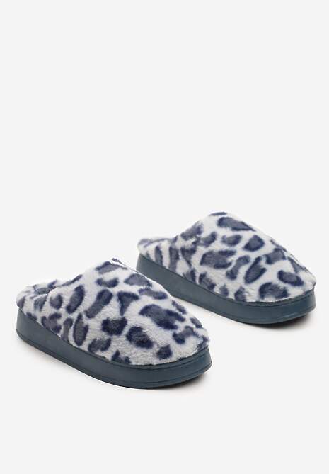 Granatowe Futrzane Płaskie Kapcie z Panterkowym Wzorem Remilaine