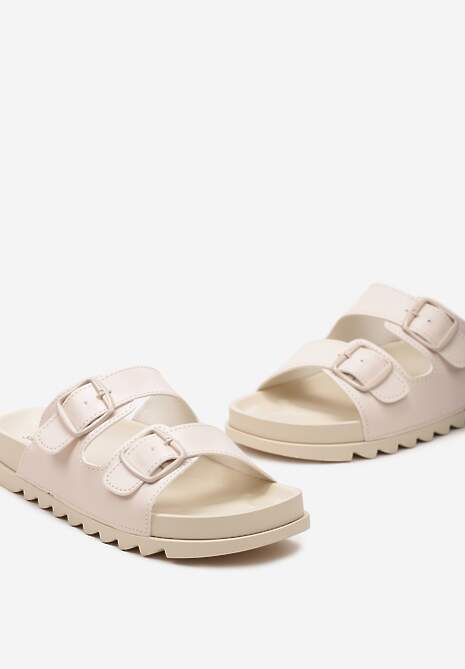 Beżowe Klapki na Grubej Nieregularnej Podeszwie z Klamrami Teloriansa