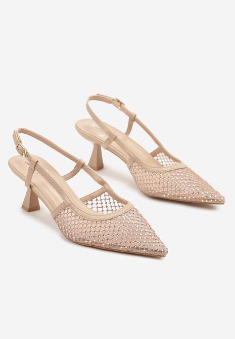 Beżowe Sandały na Kaczuszce Slingback z Siateczkową Cholewką i Cyrkoniami Velionna