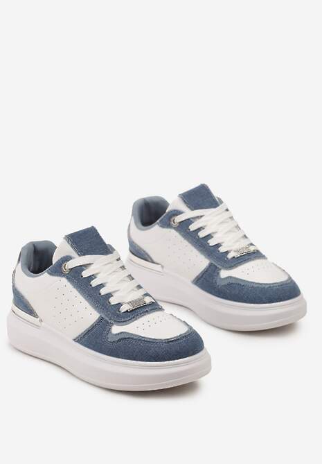 Biało-Niebieskie Sznurowane Sneakersy z Ozdobnymi Wstawkami z Cyrkoniami i Grubą Podeszwą Maellie