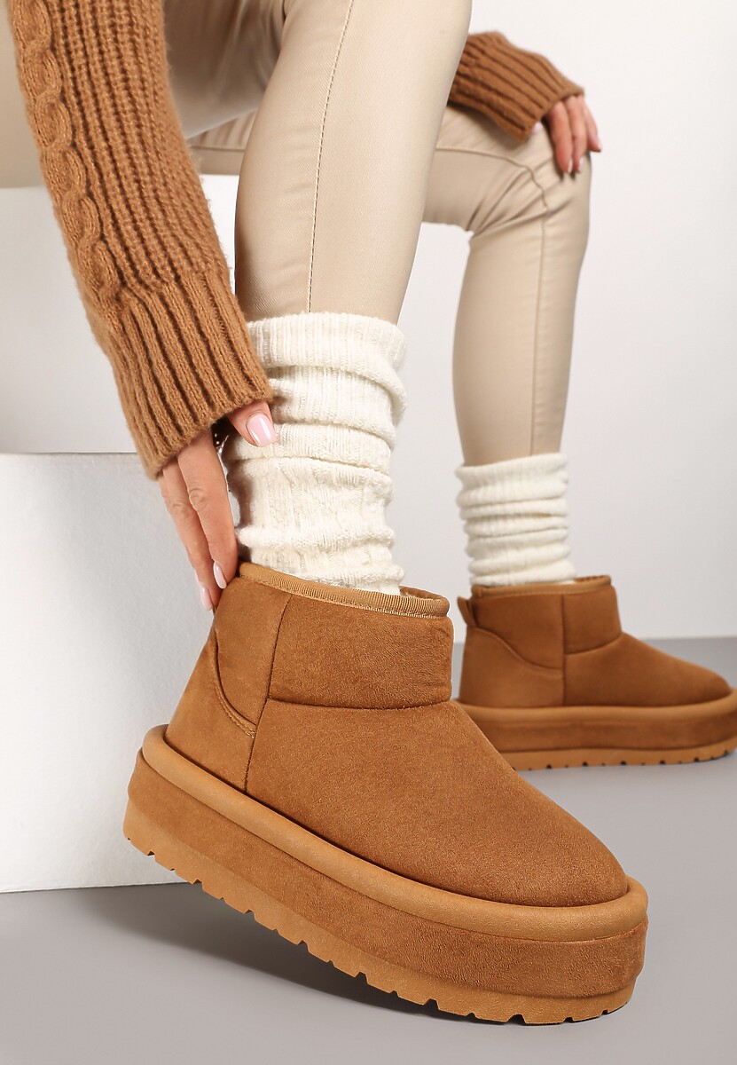 Brązowe Krótkie Śniegowce Wsuwane na Grubej Podeszwie Tinarella