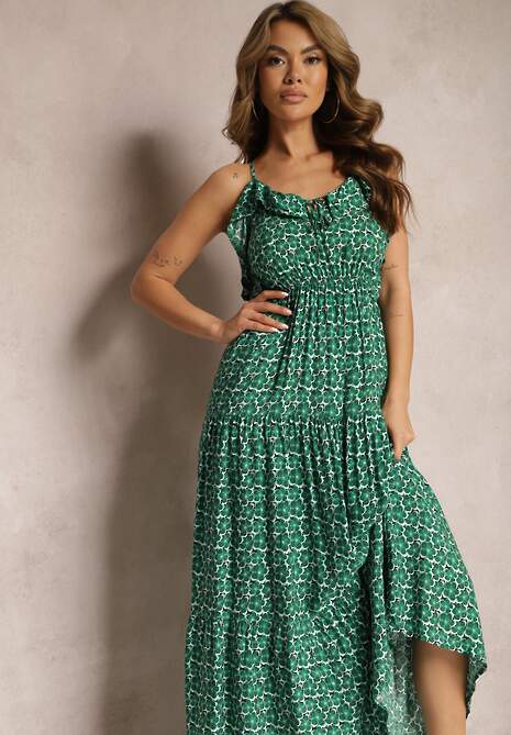 Zielona Rozkloszowana Sukienka z Wiskozy na Regulowanych Ramiączkach Wrinesa