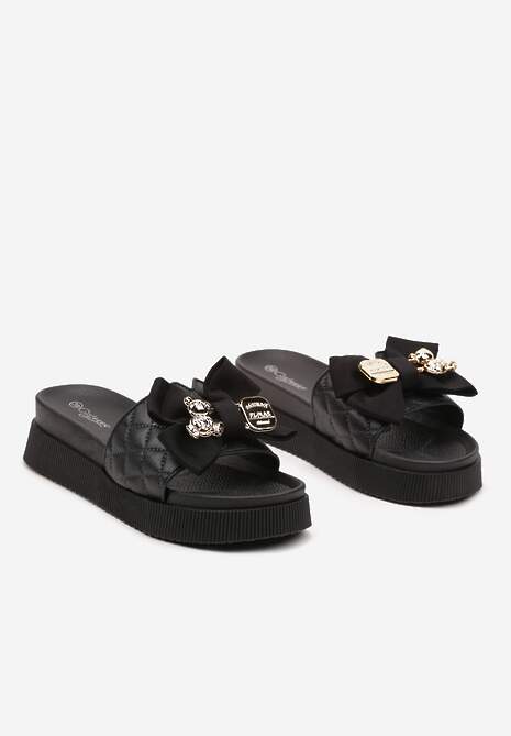 Czarne Klapki z Pianki na Platformie z Metalicznym Wykończeniem i Kokardą Nellantha