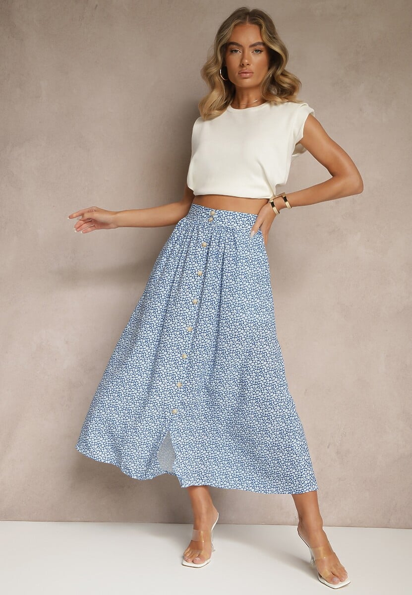 Niebiesko-Biała Rozkloszowana Spódnica z Wiskozy w Kwiatowy Wzór z Guzikami Moragi
