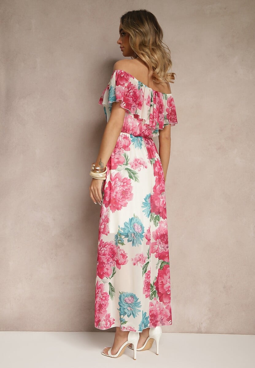 Fuksjowa Sukienka Hiszpanka z Kwiatowym Wzorem i Plecionym Paskiem Sadeene