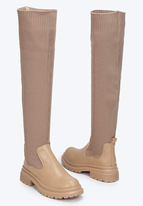 Beżowe Kozaki z Elastyczną Prążkowaną Cholewką za Kolano Goisee