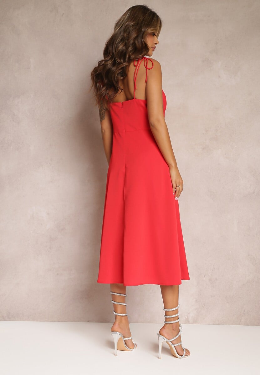 Czerwona Rozkloszowana Sukienka Midi z Rozcięciem na Ramiączkach Josine