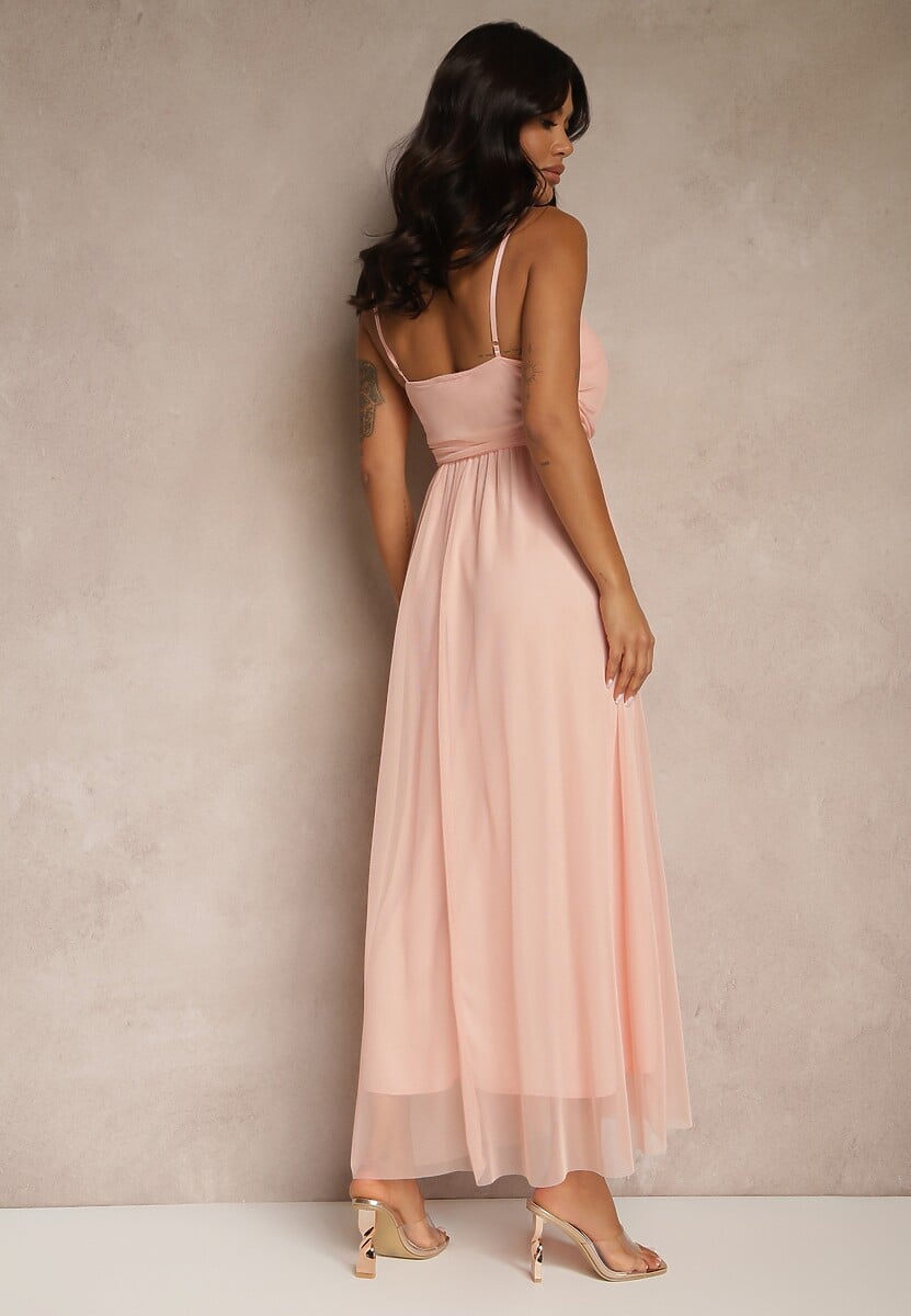 Różowa Sukienka Koktajlowa Ozdobiona Tiulowym Materiałem Deviora