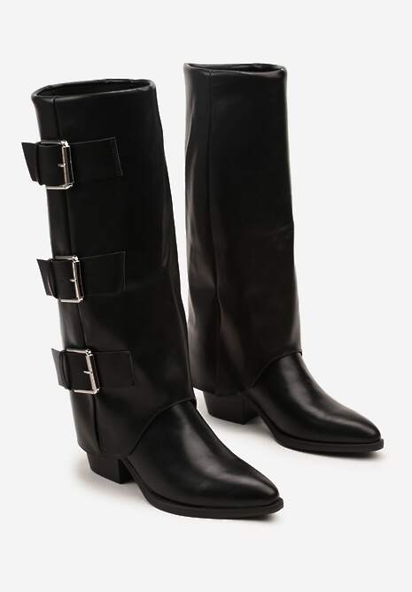 Czarne Kozaki na Słupku Kowbojki Ozdobione Metaliczną Aplikacją i Wywiniętą Cholewką Latareia