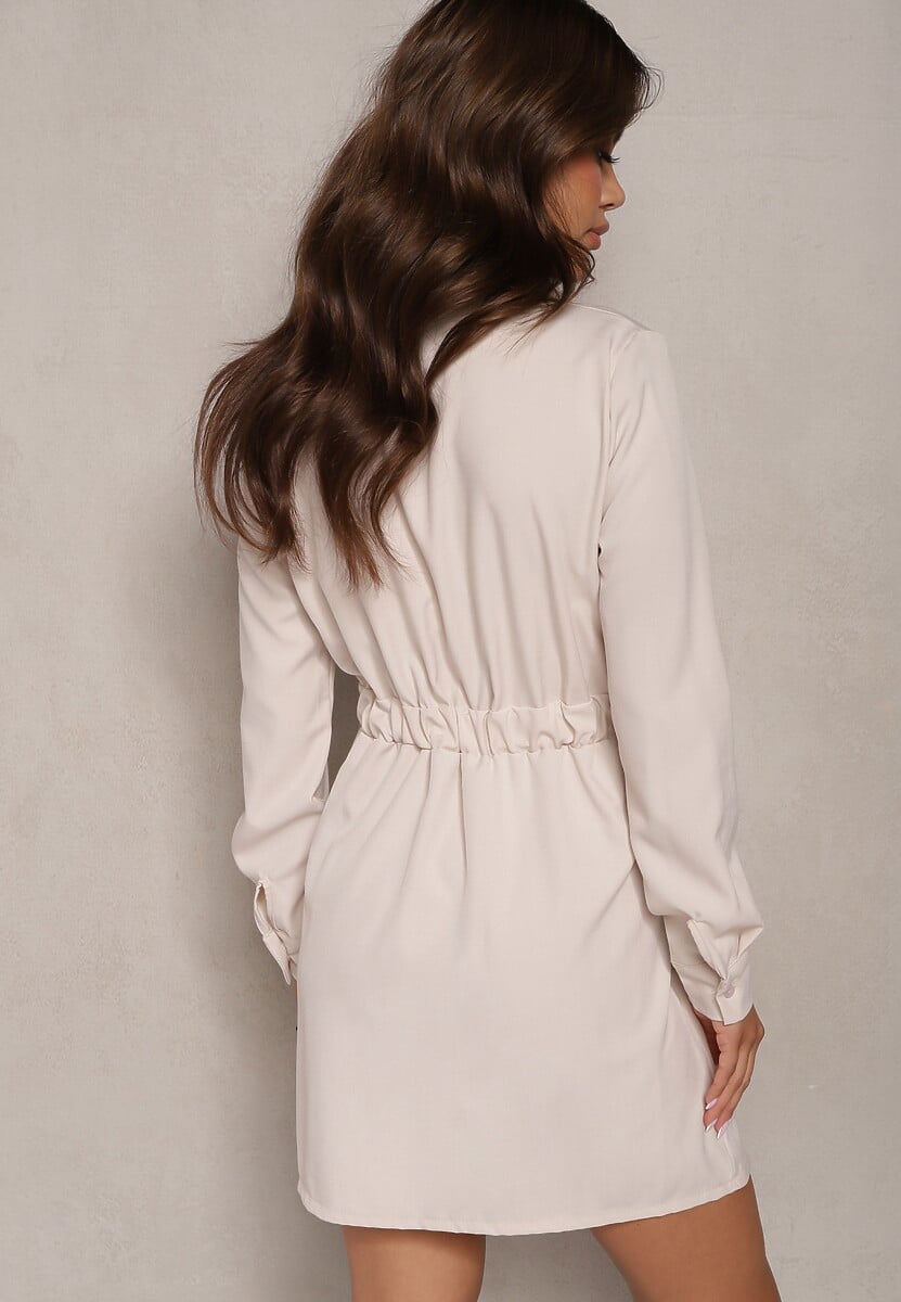 Beżowa Koszulowa Sukienka Utility z Plisowaną Asymetryczną Spódnicą z Paskiem Mussoria