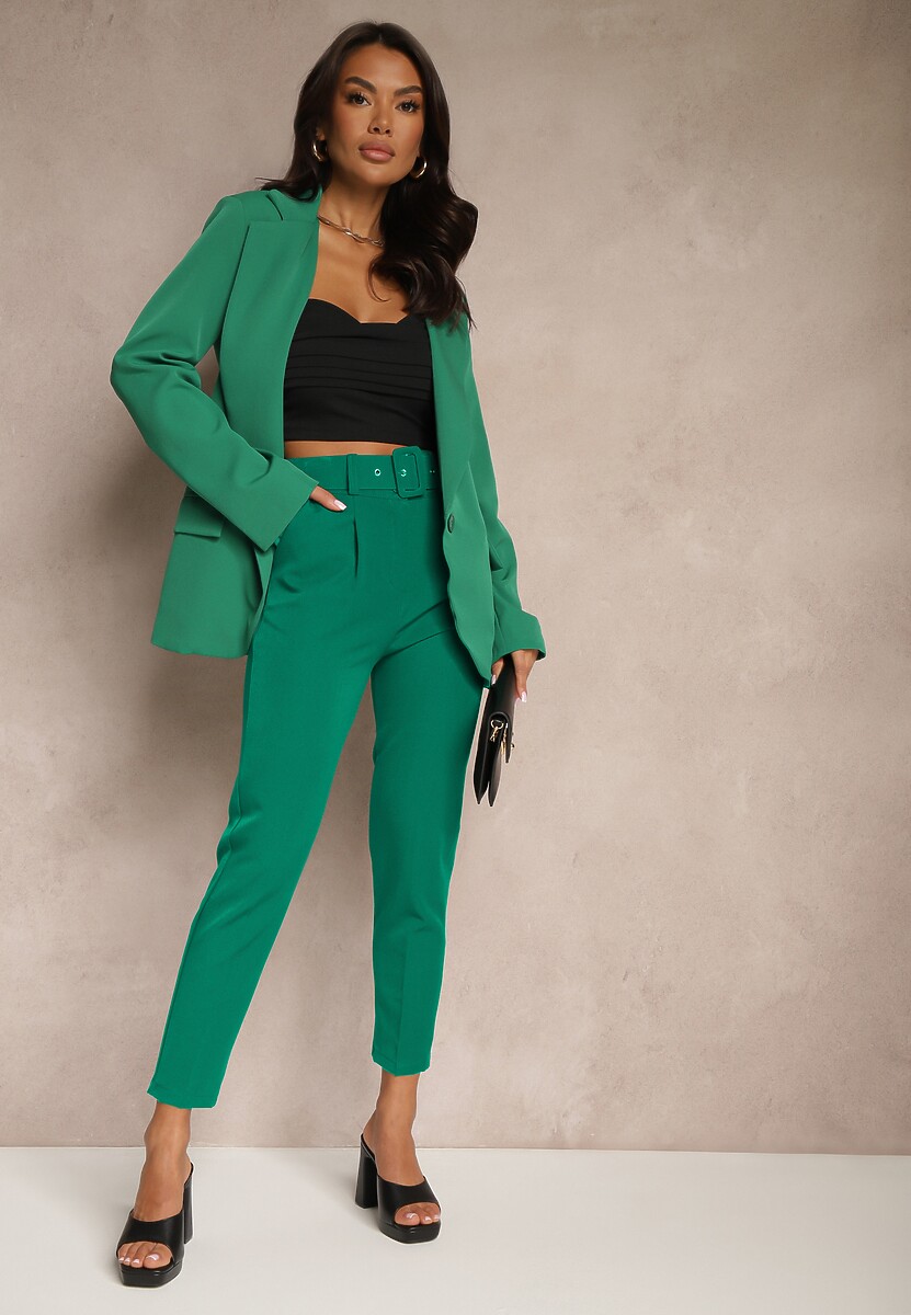 Ciemnozielona Marynarka o Jednorzędowym Kroju z Usztywnionymi Ramionami Vannora