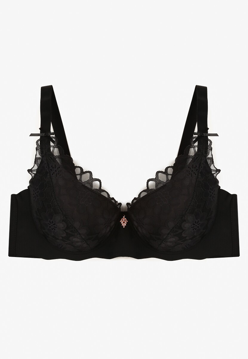 Czarny Biustonosz Ozdobiony Koronką na Ramiączkach z Regulacją Izafiria