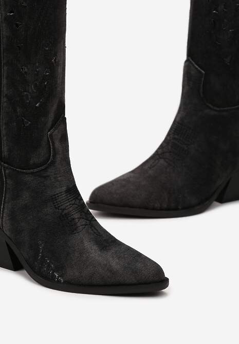 Czarne Ażurowe Kozaki Kowbojki na Ściętym Słupku Membris