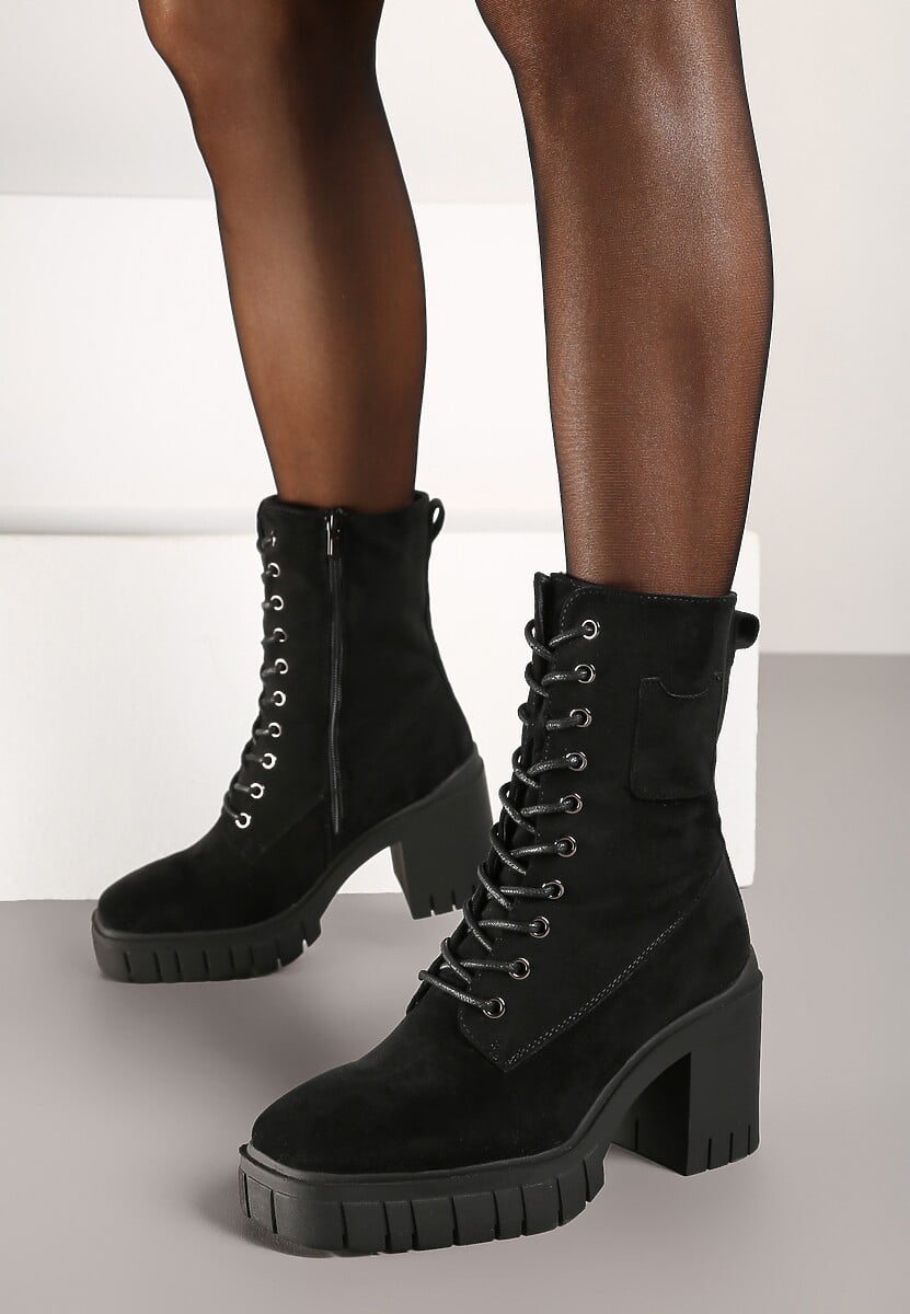 Czarne Botki na Słupku i Platformie ze Sznurowaniem Ameni