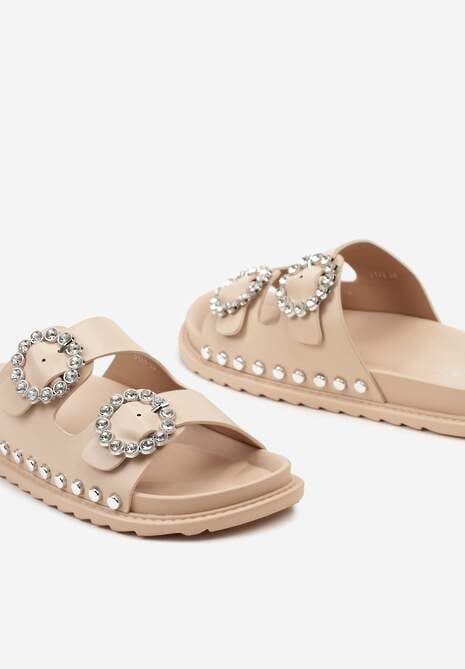 Beżowe Klapki Ozdobione Nitami i Cyrkoniami na Sprzączkach Tsunade